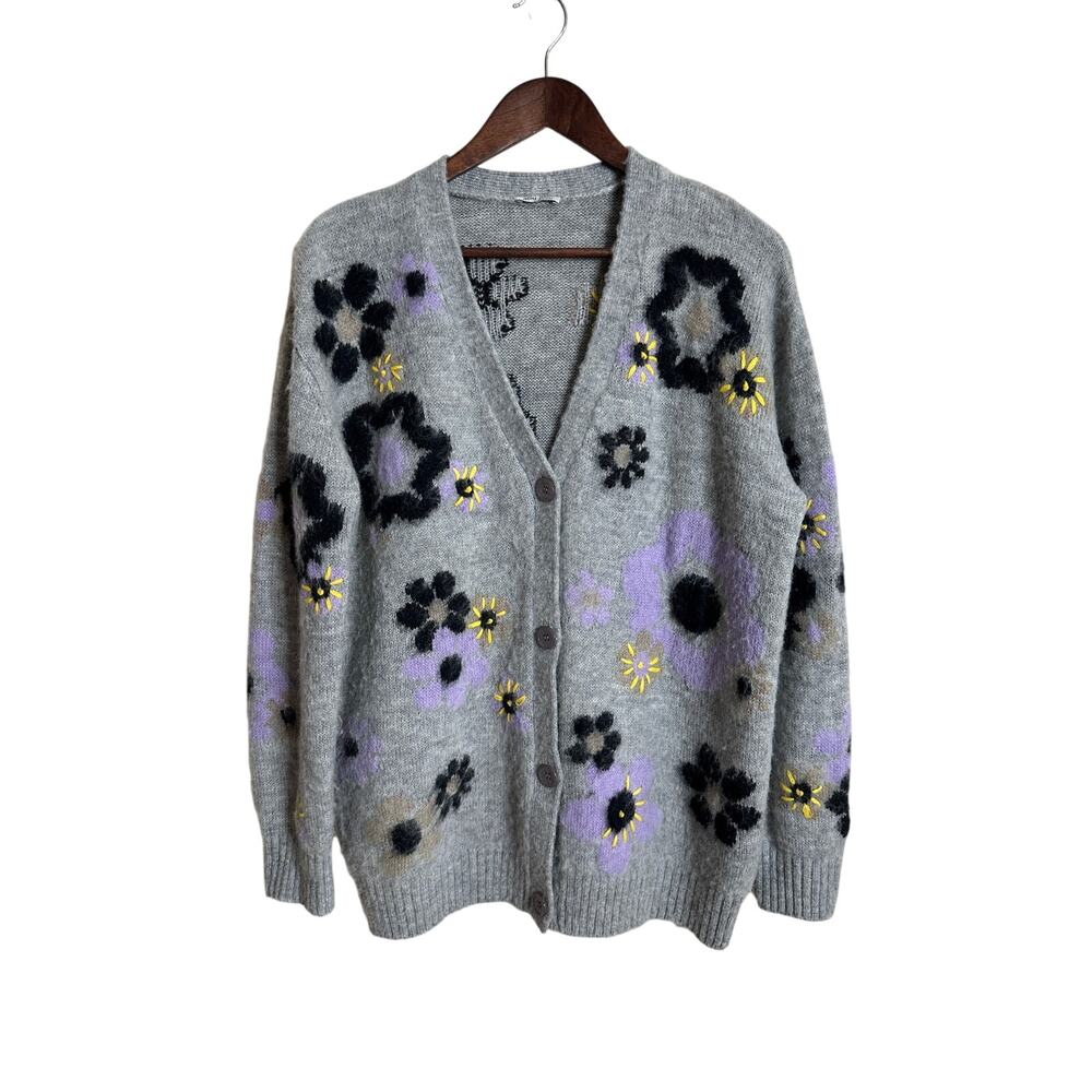 Miu Miu Flower Intarsia Cardigan in Grey Soft Fuzzy Mohair Womans 42/ US 6